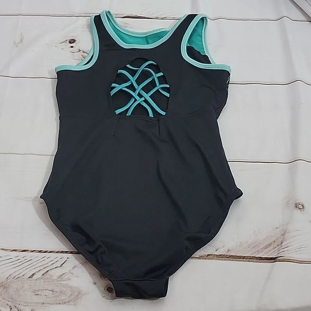 𝅺justice Active Girls size 14 Leotard Cute Criss Cross Back and Beautiful Gold